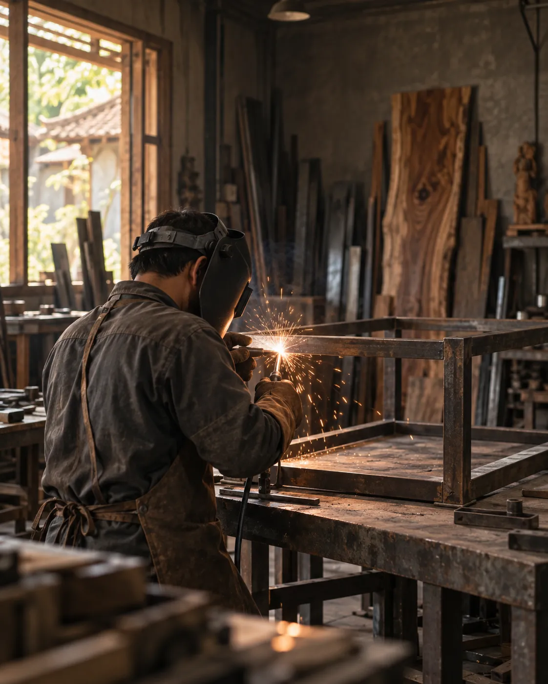 Welder at work in the metalfurniture workshop